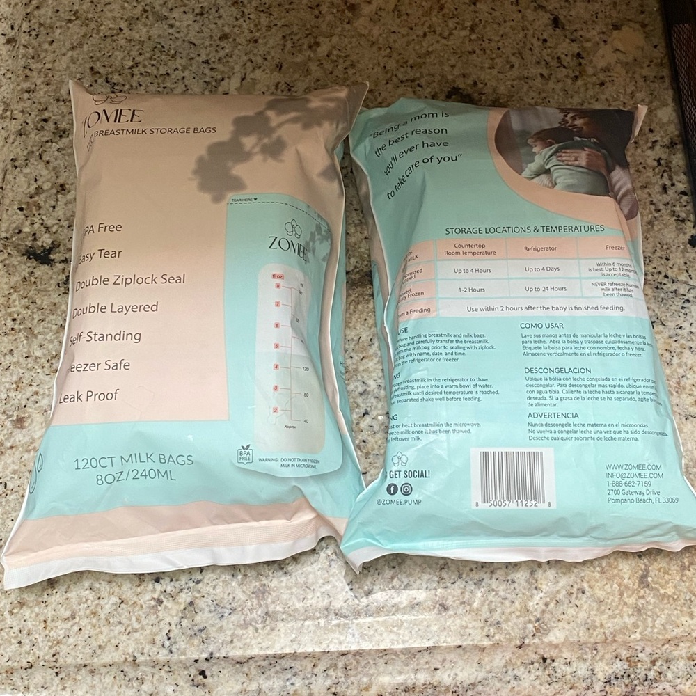 Zomee Breastmilk Storage Bags – 120 Count (Each) – 8oz/240ml – 2 Packs